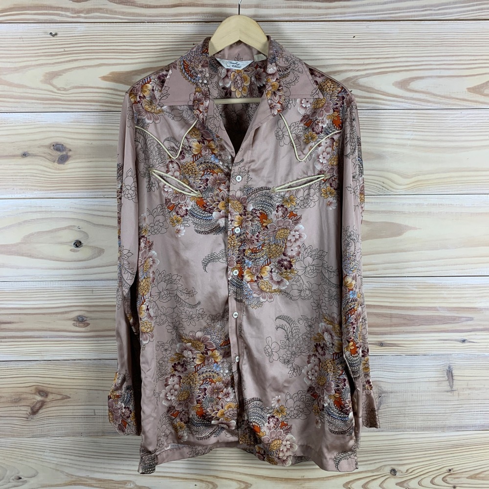 Vtg Touch of Class Satin Western Shirt Mens L Tall Mauve Floral Paisley 70s